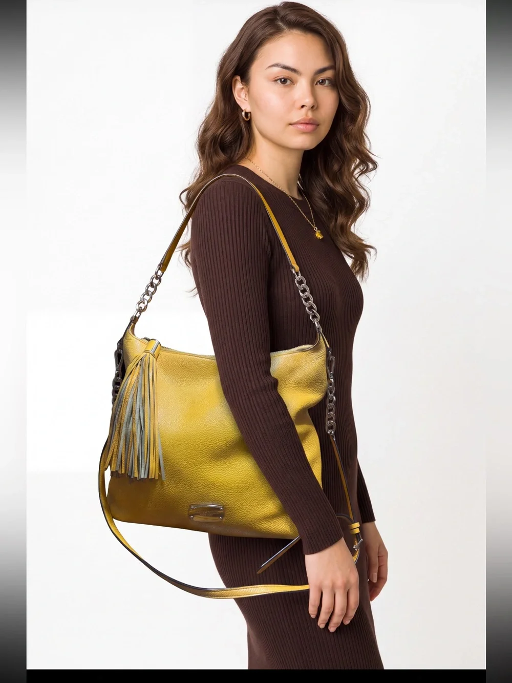 Michael Kors Bedford Yellow Pebbled Leather Hobo Tassel & Chain Strap in Mustard